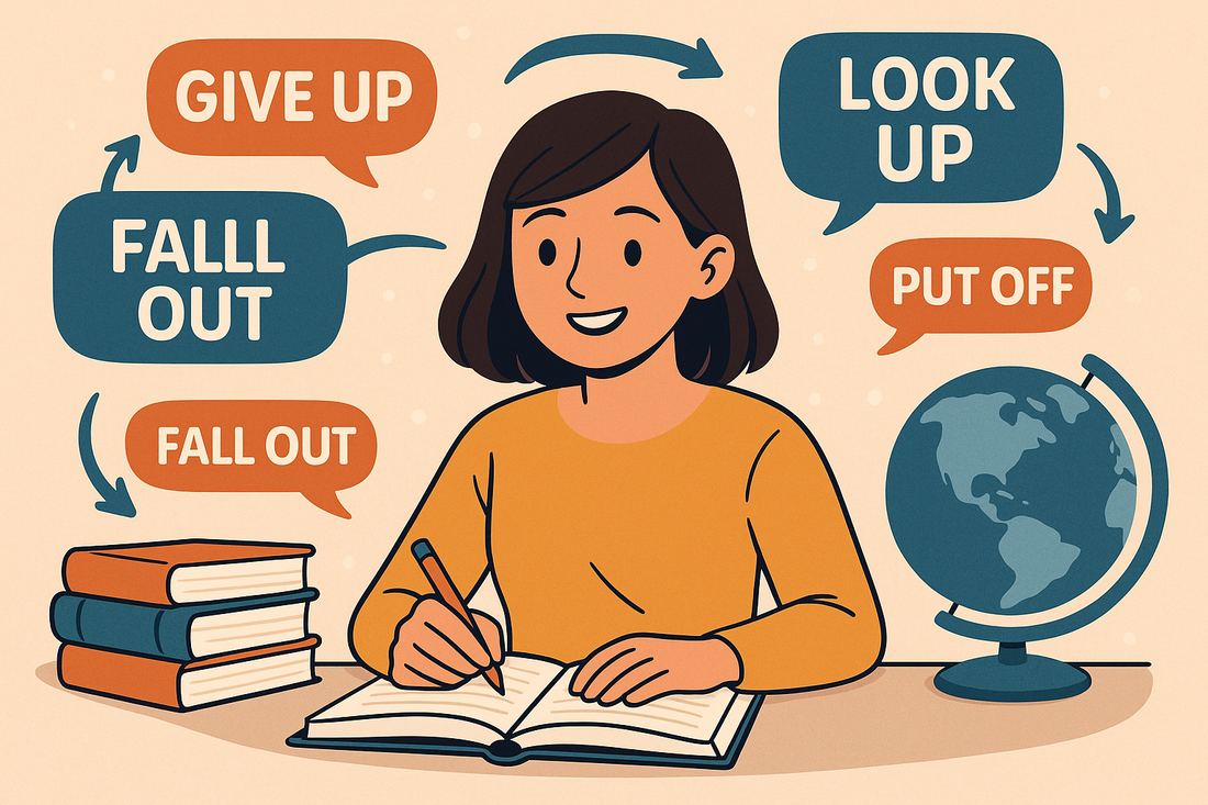 Illustration of a student surrounded by floating English phrasal verbs with books, a globe, and arrows, symbolizing learning and language fluency