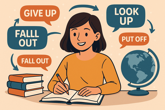 Illustration of a student surrounded by floating English phrasal verbs with books, a globe, and arrows, symbolizing learning and language fluency