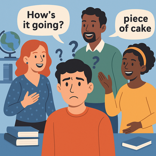 Confused learner surrounded by native speakers with speech bubbles, books, and question marks, symbolizing language challenges.