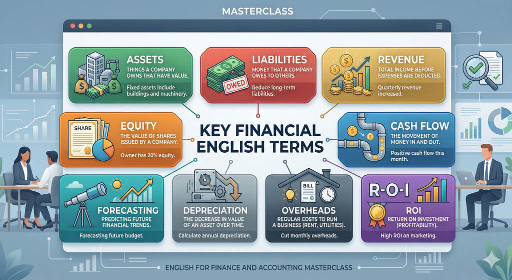 Infographic of key financial English terms including Assets, Liabilities, and ROI for accounting professionals